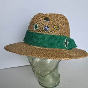 Woven Broner Hat Green Band & Aiken Steeplechase Pins. Equestrian Outdoors